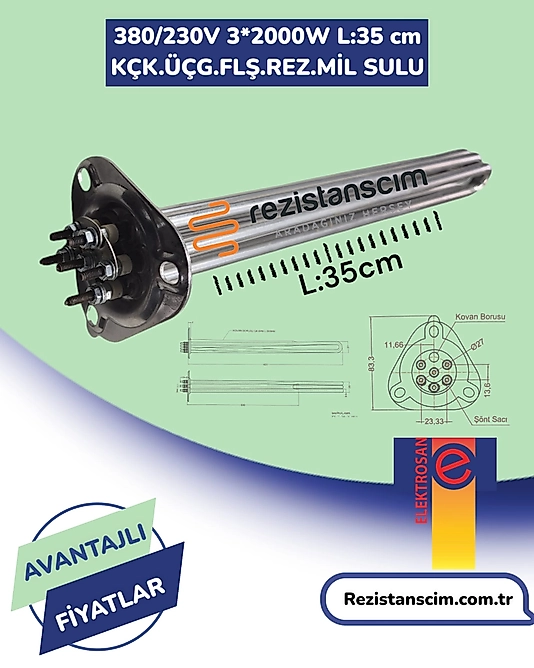 6 Kw Ücgen Flanş K Ücgen 35 Cm Bulaşık Makinesi Boiler Rezistans (ELEKTROSAN MARKA)