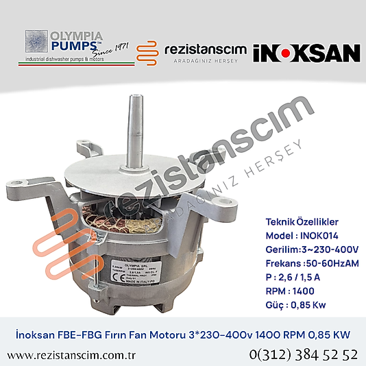 İnoksan FBE-FBG Fırın Fan Motoru  3*230-400V 1400 RPM 0,85 KW