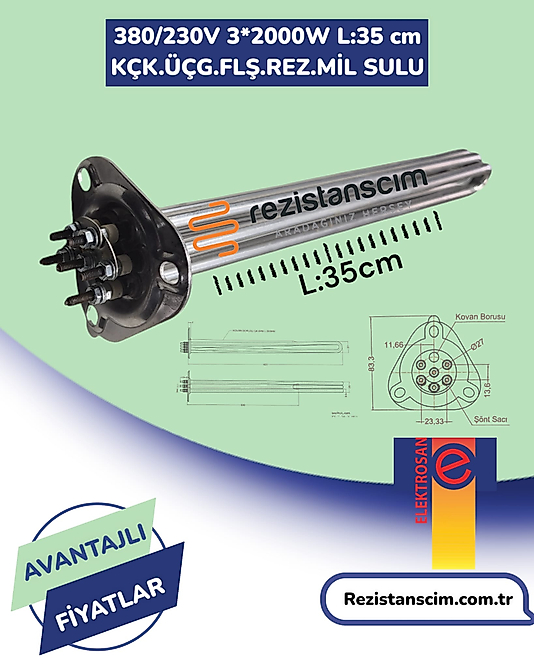 6 Kw Ücgen Flanş K Ücgen 35 Cm Bulaşık Makinesi Boiler Rezistans (ELEKTROSAN MARKA)
