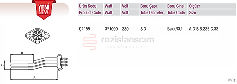 Espresso Kahve Makinesi Rezistans  3x1000 Watt L:31,5cm