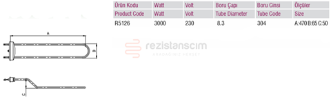 Öztiryakiler Bulaşık Yıkama Makinesi AnaTank Rezistansı 3000 Watt L:45cm U TİPİ
