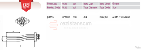 Espresso Kahve Makinesi Rezistans  3x1000 Watt L:31,5cm